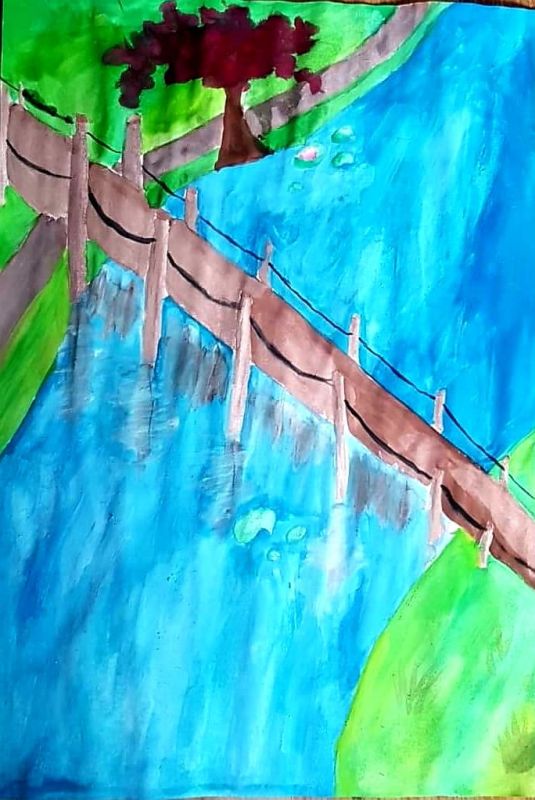 praca konkursowa malowana farbami, rzeka, mostek, trawa