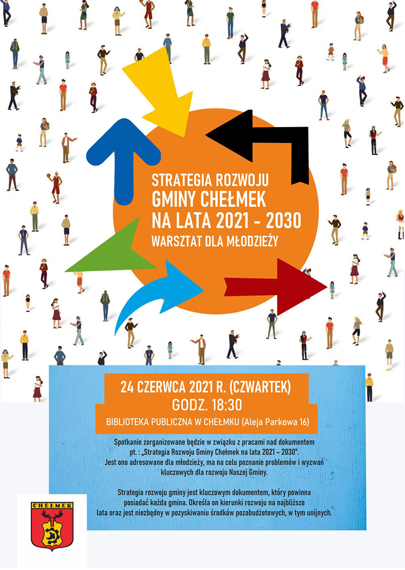 plakat strategia rozwoju gminy Chełmek-  napis  plus piktogramy ludzi , kolorowe strzałki
