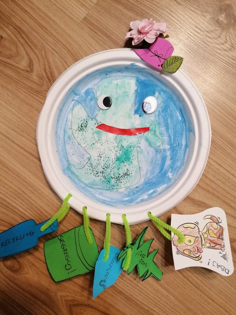 ziemia namalowana na papierowym talerzyku z papierowymi przywieszkami