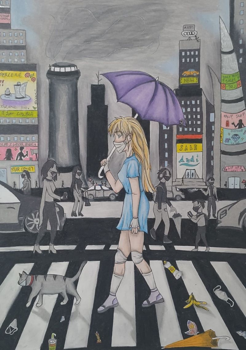 praca konkursowa, dziewczyna w maseczce, szary miejski krajobraz