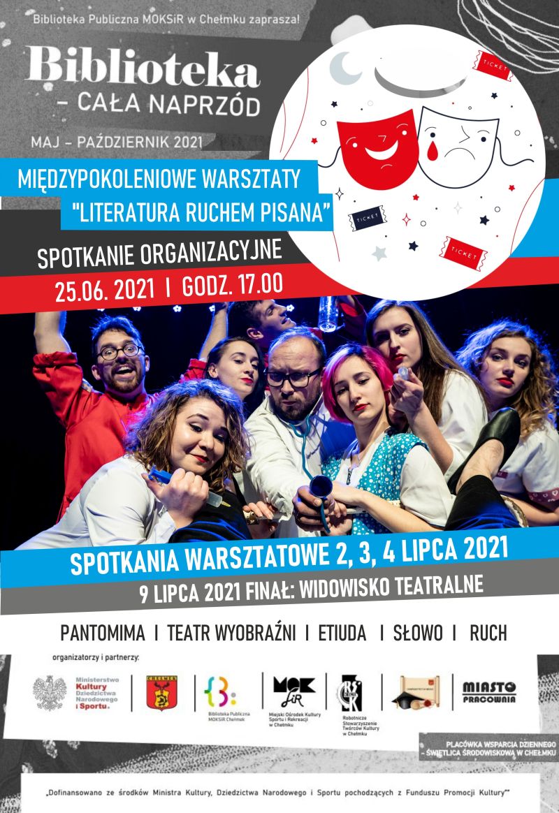 Biblioteka - cała naprzód! Międzypokoleniowe warsztaty - literatur ruchem pisana. Plakat informacyjny