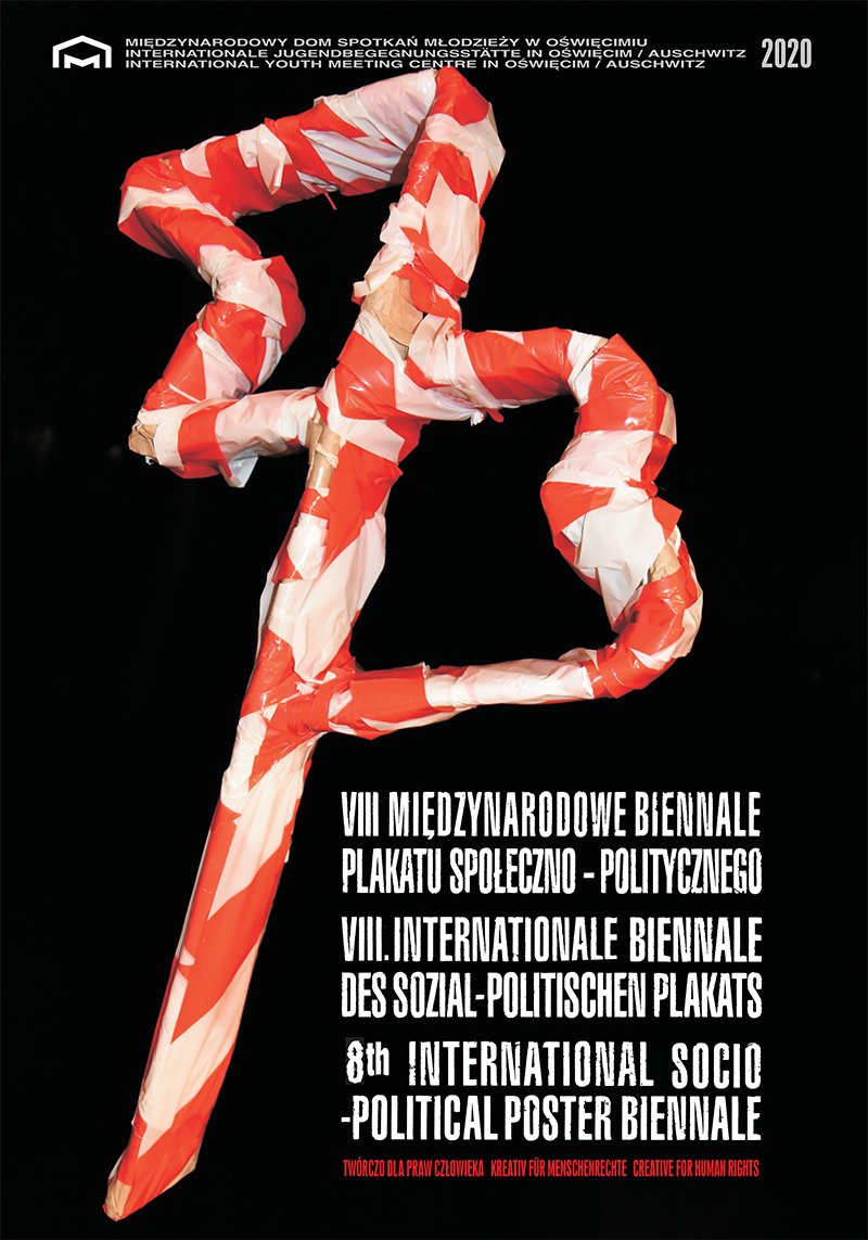 beinnale plakat . czarne tło białe napisy oraz motyw czerwonobiały